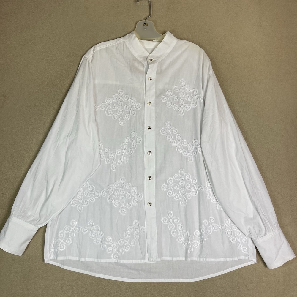 Paul Ropp Shirt Mens 3 Button-down White Embroidered Mandarin Cotton EUC